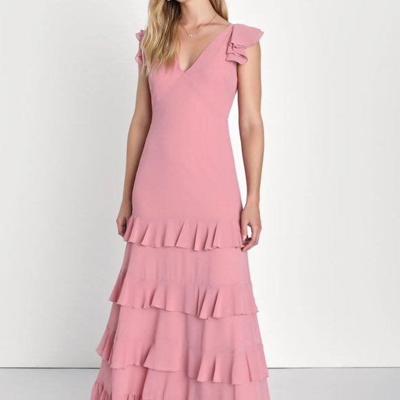 Lulu's Dusty Rose Backless Ruffled Tiered Maxi Dress size M - Picture 1 of 5